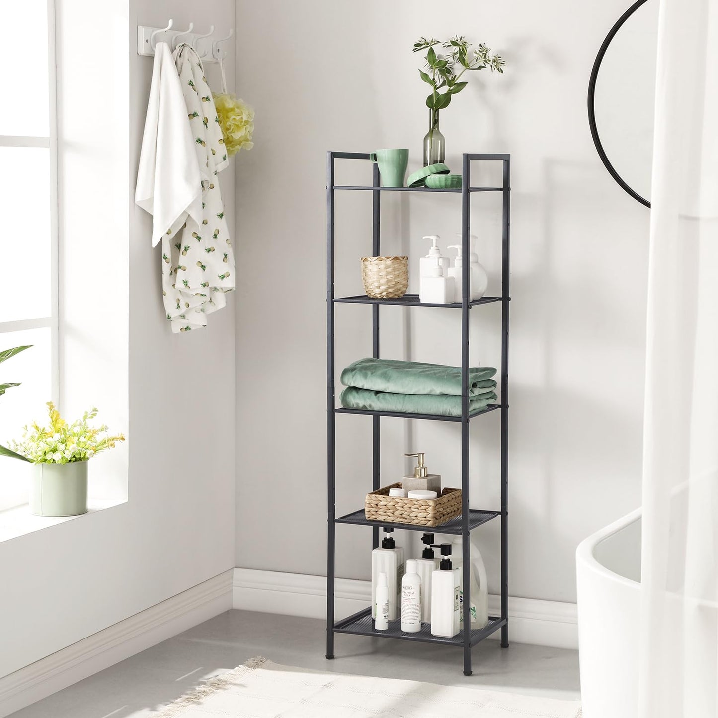 SONGMICS 5-Tier Storage Rack, Bathroom Shelf, Extendable Plant Stand with Adjustable Shelf, for Bathroom, Living Room, Balcony, Kitchen, Black UBSC35BK, 11.8 x 15 x 50.4 Inches