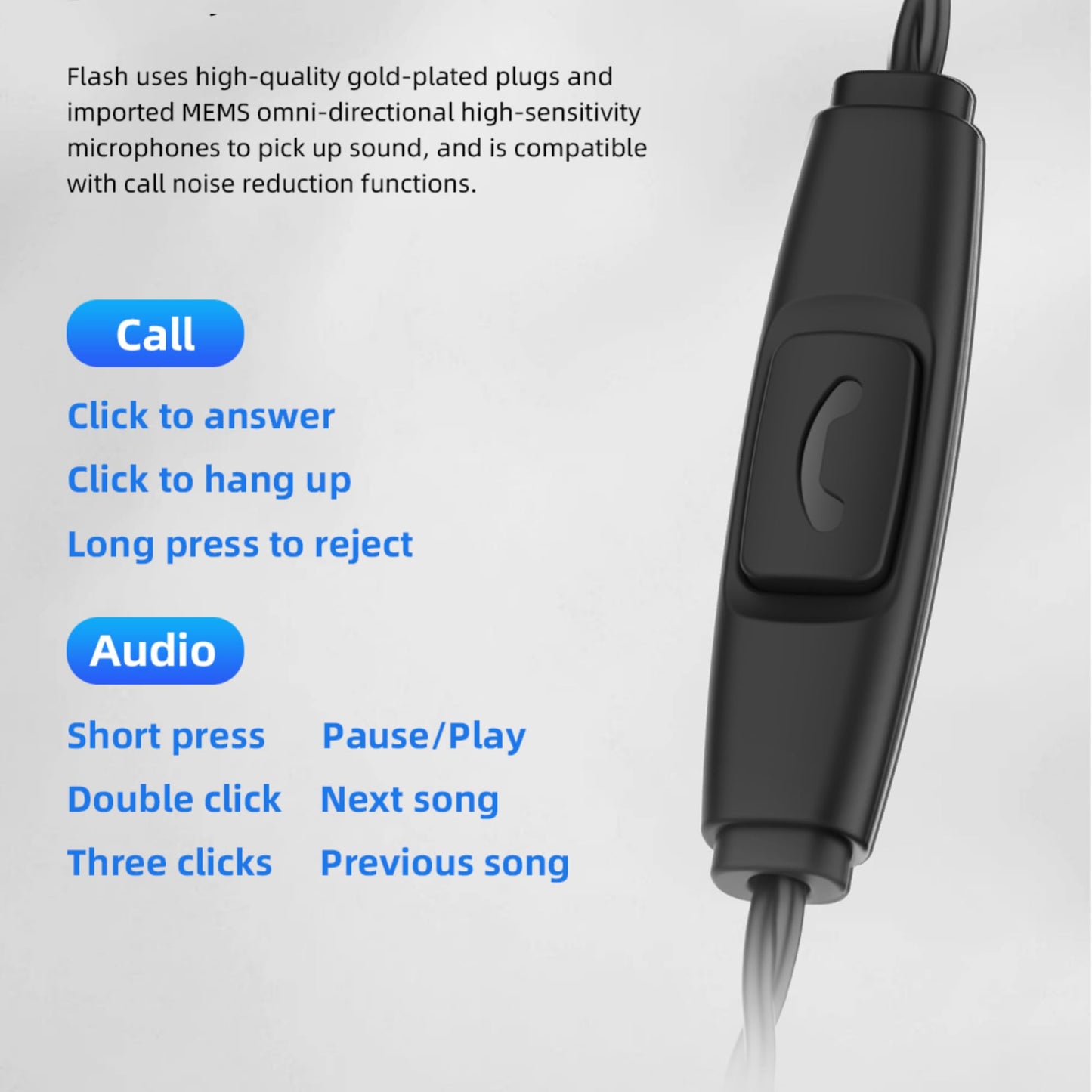 YINYOO KBEAR Flash Wired Earbuds, Gaming Earbuds, 3.5mm Plug in Ear Headphones, 1DD 1BA Hybrid in Ear Monitors, IEM Earphones with Tangle-Free Cable for Laptop PC Computer (with mic, Gray)