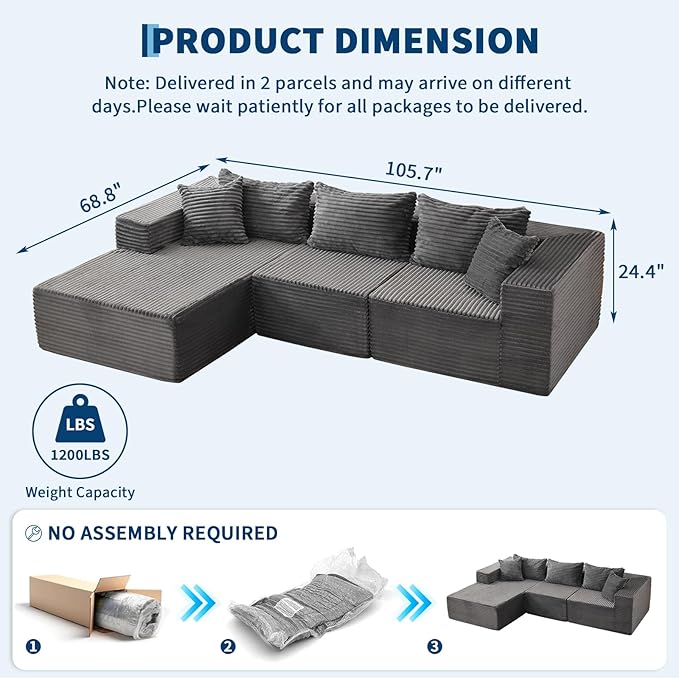 Hetoy Oversized L Shape Modular Sofa, Soft Modular Sectional Couch