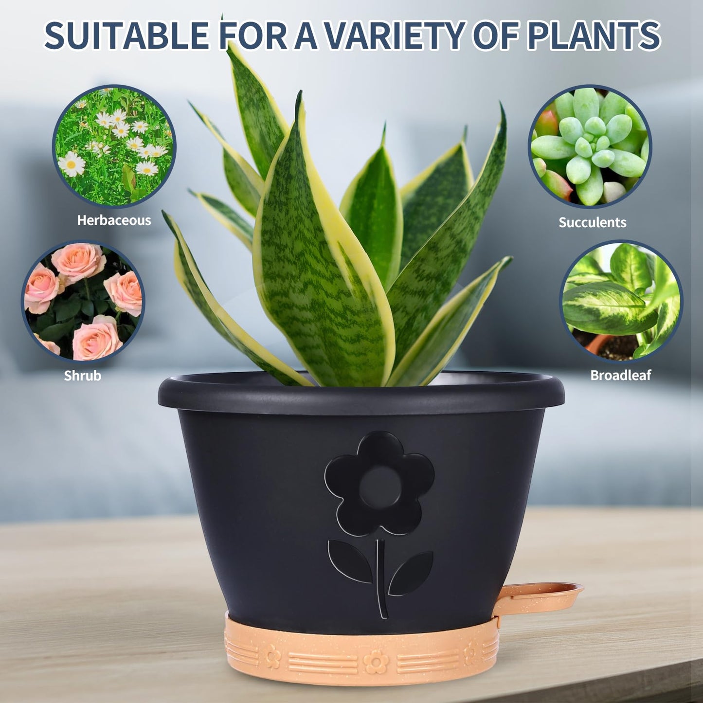 Plant Pots 10 Inch Set of 4, Self Watering Pots with Drainage Holes, Saucer & Reservoir, Flower Pots for Indoor/Outdoor Plants, Decorative Nursery Planting Pots (Black)