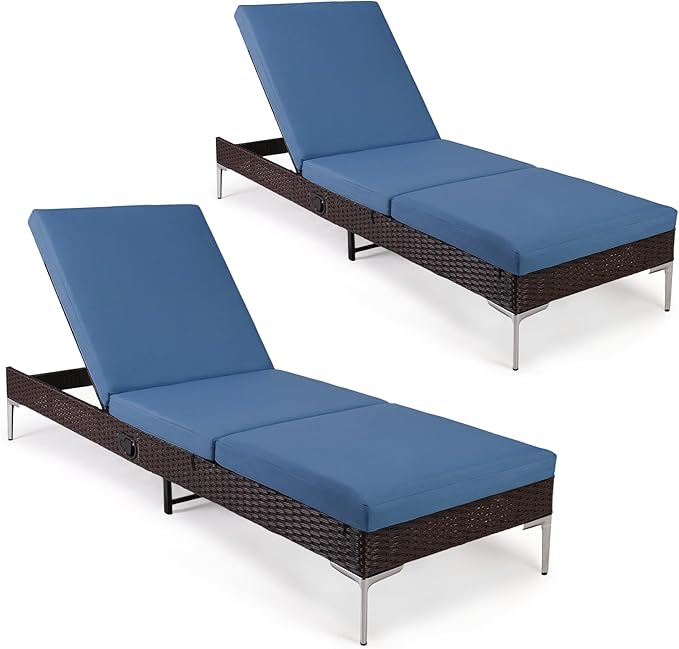 HOMREST Outdoor Chaise Lounge Chair Set of 2, Patio Wicker Lounge Chairs