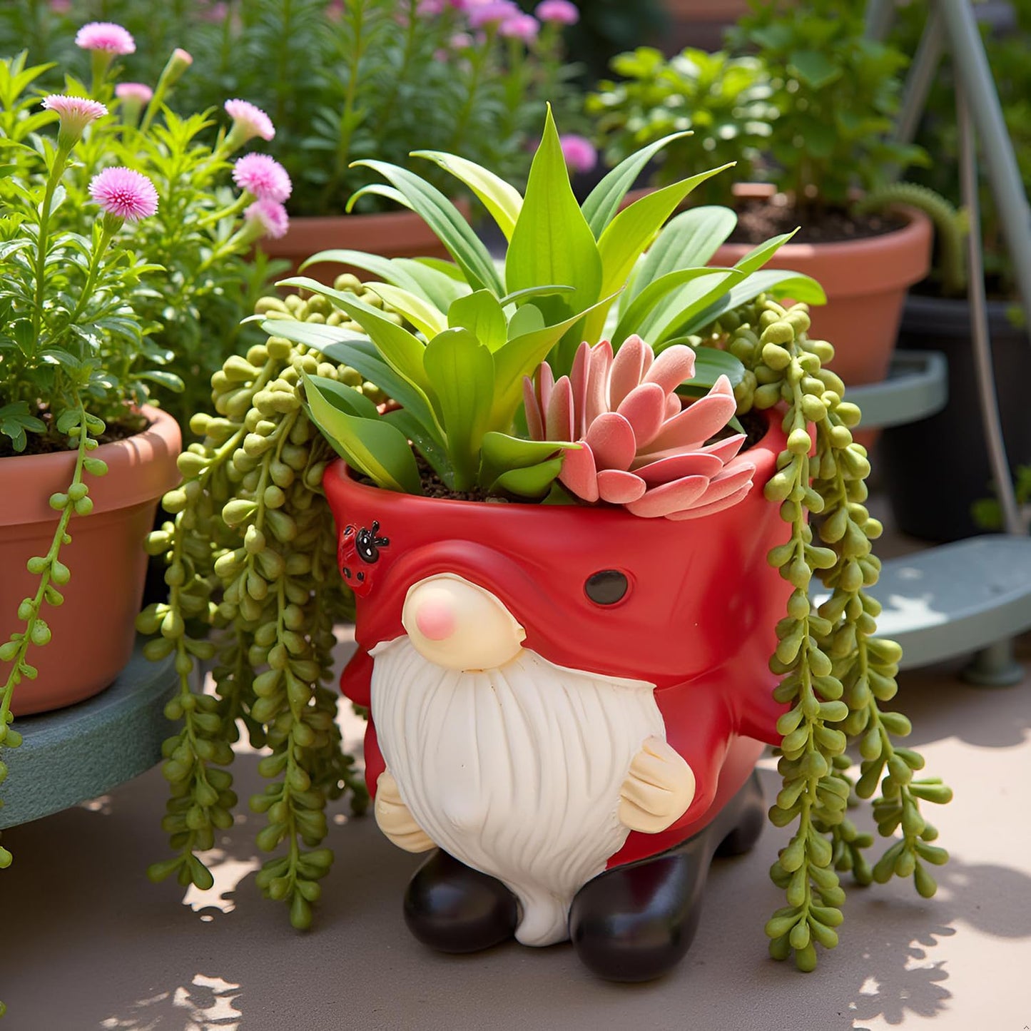 Unique Gnome Planter Pot, Cute Ceramic Gnome Flower Succulent Pot for Indoor Outdoor Plants Home Garden Spring Summer Christmas Decoration (Red)