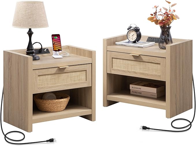 SICOTAS Rattan Nightstands Set of 2 Bedside Table
