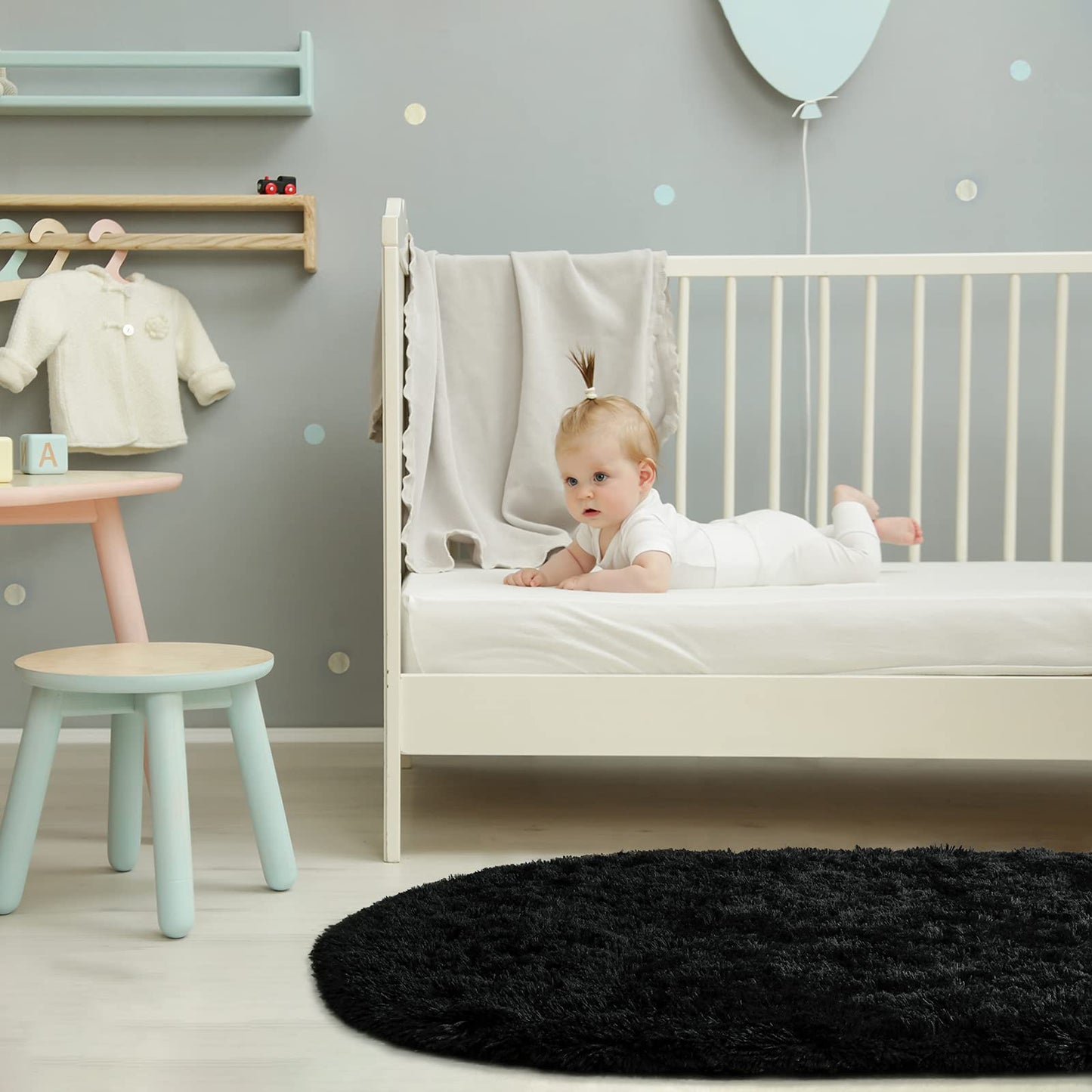 Softlife Fluffy Rugs for Bedroom, Shag Cute Area Rug for Girls and Kids Baby Room Home Decor, 2.6 x 5.3 Feet Oval Indoor Carpet for Nursery Dorm Living Room, Black