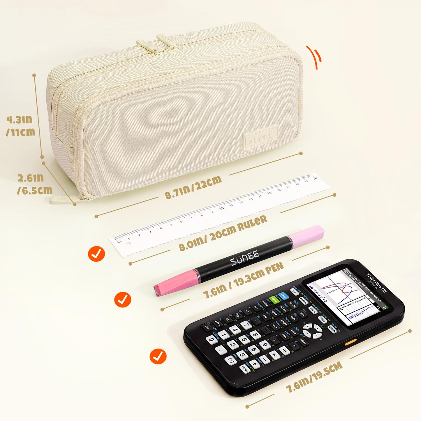 SUNEE Pencil Case, Large Capacity Pencil Pouch, Aesthetic Big Pen Bag 900D Oxford Pen Box for Office Stationery Organizer School Supplies Multifunctional for Teen Boys Girls Women Men, Beige