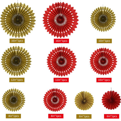 BEISHIDA Red Gold Hanging Honeycomb Round Paper Fans Decoration Wedding Theme Tissue Paper Fan Garland for Birthday Anniversary Bachelorette Graduation Party Christmas New Years Supplies（10packs）