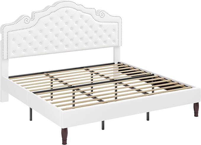 Allewie King Bed Frame with Adjustable Velvet Tiara Headboard, Upholstered