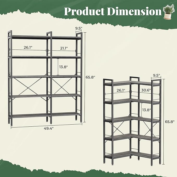 Huuger 5 Tier Bookshelf, L Shaped Corner Bookshelf