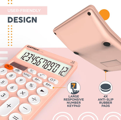 CATIGA 12 Digit Desktop Calculator Basic Desk Calculator with Large LCD Display, Big Buttons, 4 Function, Solar and Battery Dual Power, for Office, School, Home, SD-1292 Pink