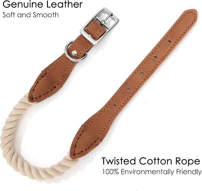 Mile High Life Genuine Leather Dog Collar, Durable Braided Cotton Rope Collar with Metal Pin Buckle for Small Medium Large Dogs (Beige, M Neck 15"-18")