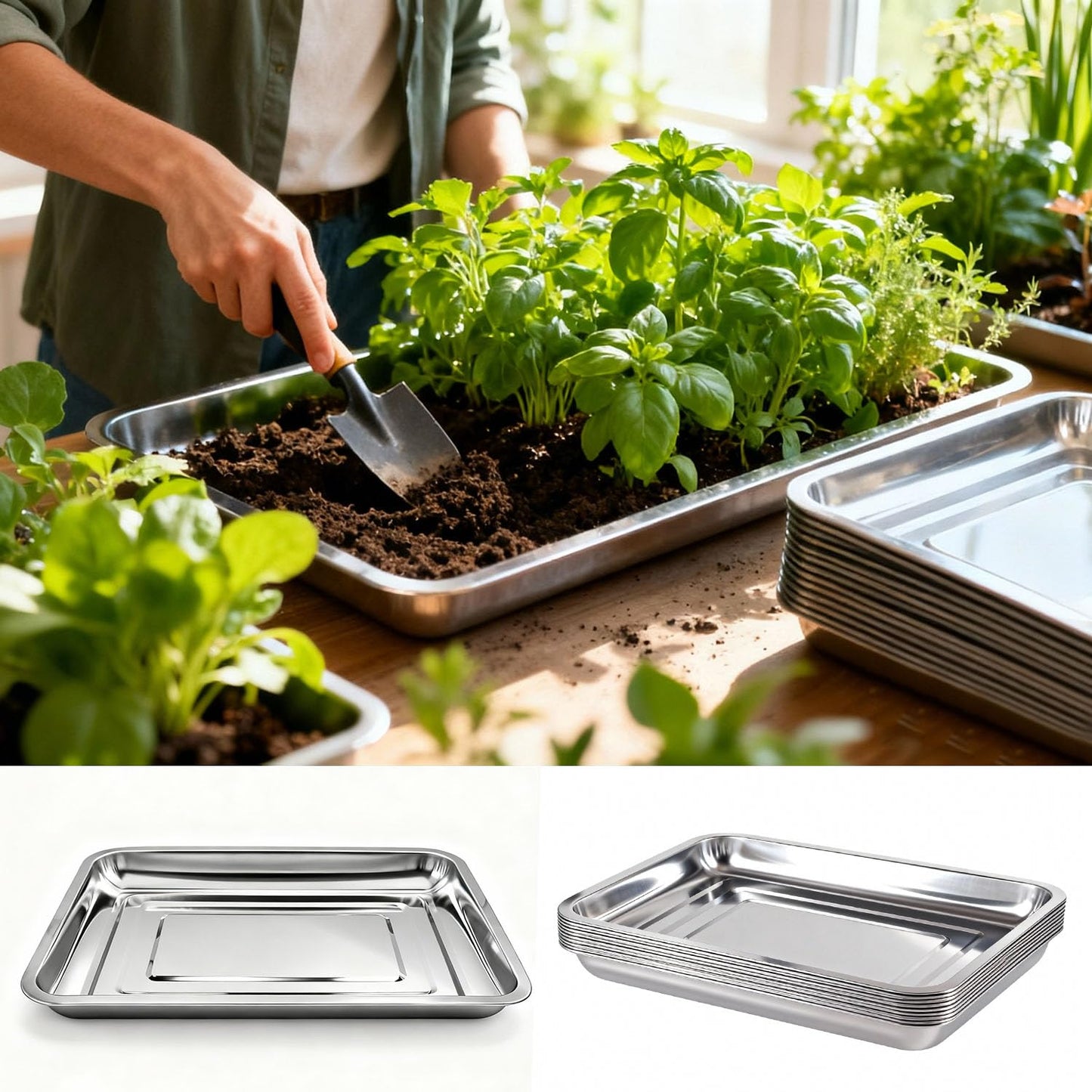Yiksonyo 10-Pack 16 Inch Stainless Steel Growing Trays, Heavy-Duty Metal Sprouting Tray for Plants, Stainless Steel Plant Germination Trays for Hydroponics, Transplanting (Silver)