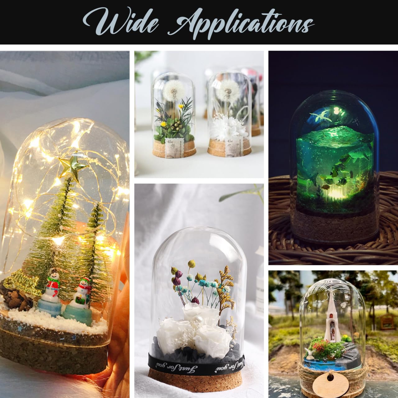DECHOUS Small Glass Dome Cloches: 4 Inch Tall Clear Glass Cloche Bell Jar Decorative Display Dome with Base for Preserved Flower, Plants, Curios, Keepsakes, Party Favor