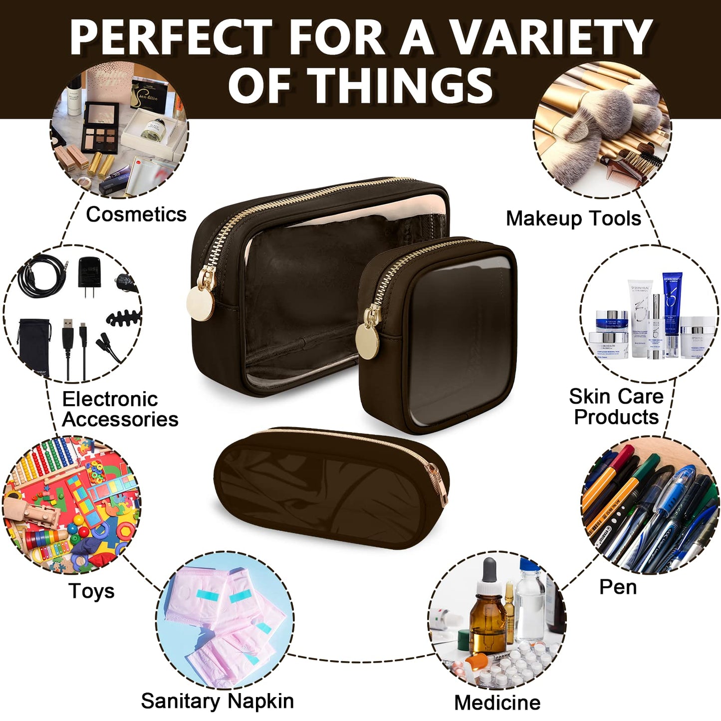 UIXIZQ Clear Small Pencil Pouch Makeup Bag for Purse,Nylon&PVC Pencil Case Waterproof Makeup Brush Holder with Zipper,Preppy Transparent Pen Bag Travel Cosmetic Bag for Women Office(Slim-Chocolate)