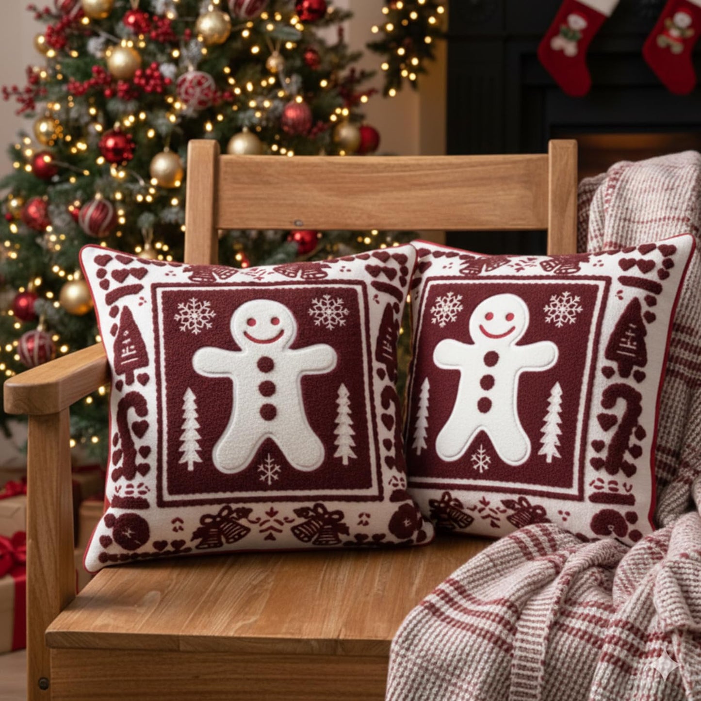 Christmas Throw Pillow Covers 18x18 Set of 2, Embroidered Gingerbread Man Cushion Covers with Snowflake Christmas Tree, Red White Holiday Decorative Pillow Cases for Sofa Couch Living Room Home Decor