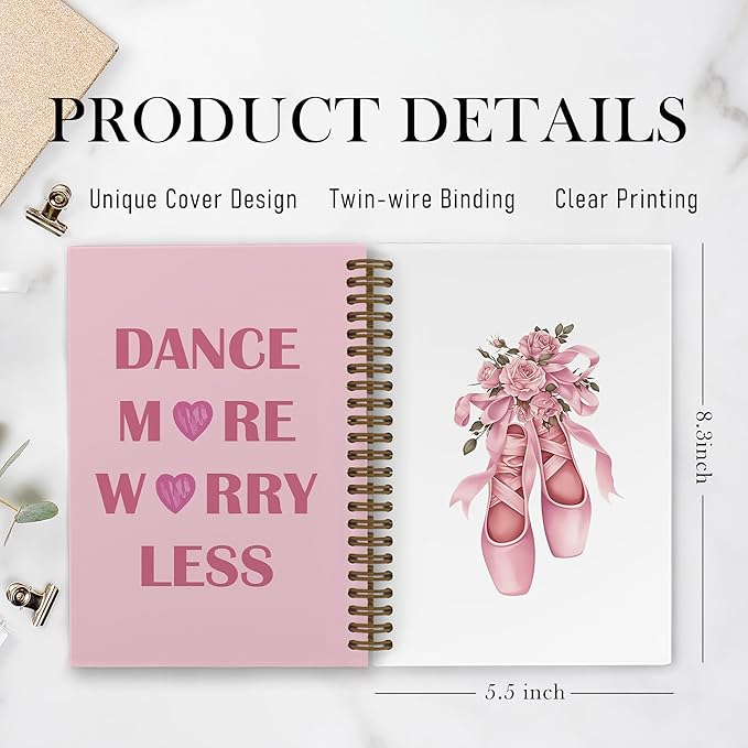Coquette Pink Bow Ballet Dance Spiral Notebook, Dancer Teacher Gifts Journal Notebook, Inspirational Ballet Gifts Notebooks for School Work, Dancing Office Supplies Gifts for Girls Women, 5.5x8.3 Inch
