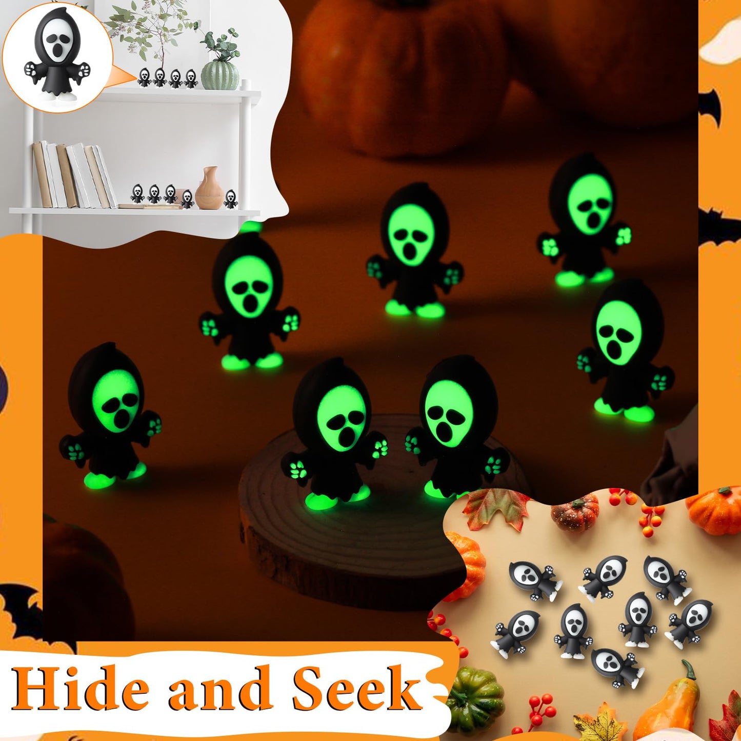 VioraWhite 50 Pcs Mini Ghost Figurines Glow in The Dark Tiny Devil Figurine to Hide and Seek Luminous Little Statue for Theme Party Miniature Garden Decorations