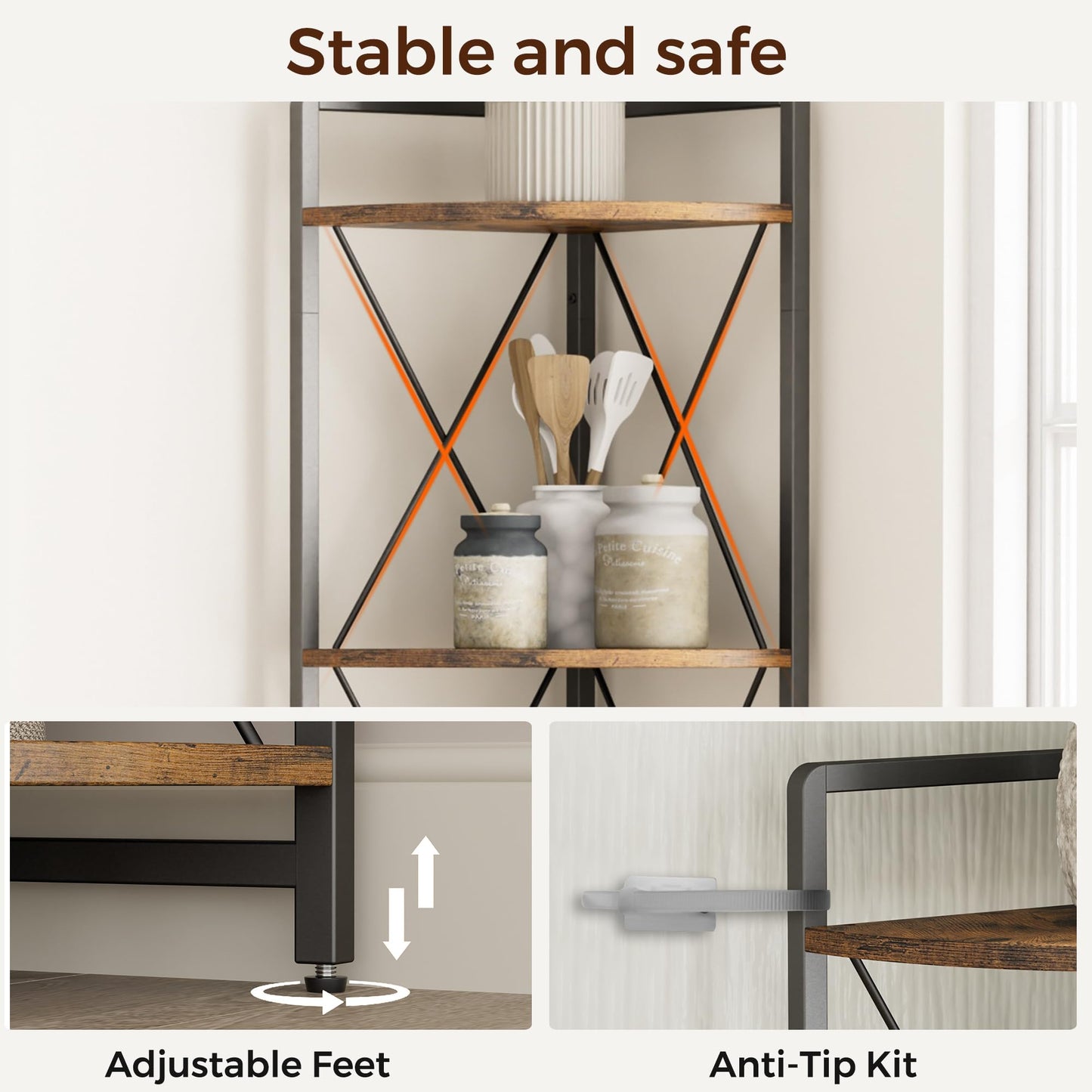 Cerlyunzan 5 Tier Corner Shelf Stand, 64" H Tall Industrial Corner Bookshelf for Living Room Decor, Metal Corner Shelf, Plant Stand Display Shelf for Bedroom, Bathroom, Small Space, Rustic Brown