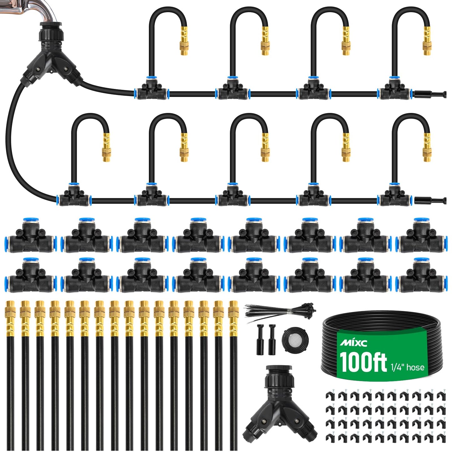 MIXC 1/4" 100Ft Drip Irrigation System for Garden with 16pcs 360°Adjustable Brass Nozzles & Bendable Rod,Upgraded Watering System Kit for Outdoor Plants,Lawn,Raised Bed,Potted Plant,Yard,Greenhouse