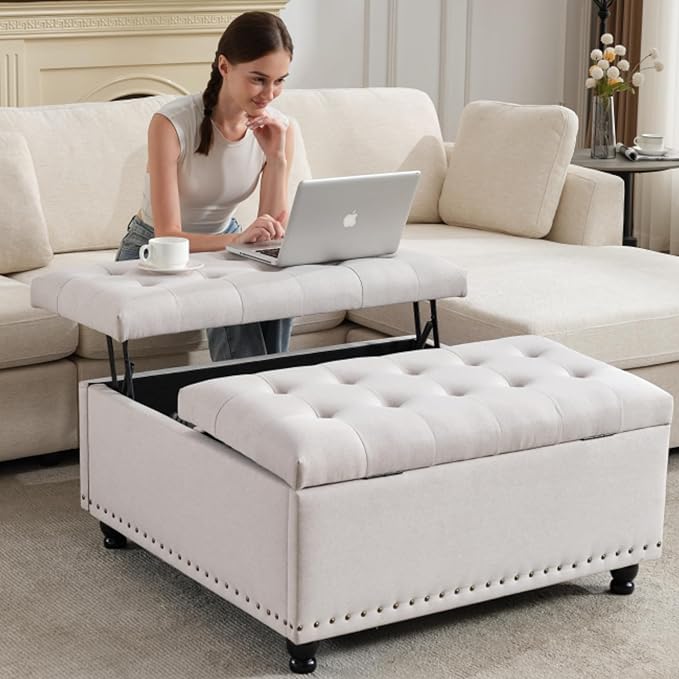 Tbfit Large Square Storage Ottoman Bench, Tufted Upholstered Coffee Table