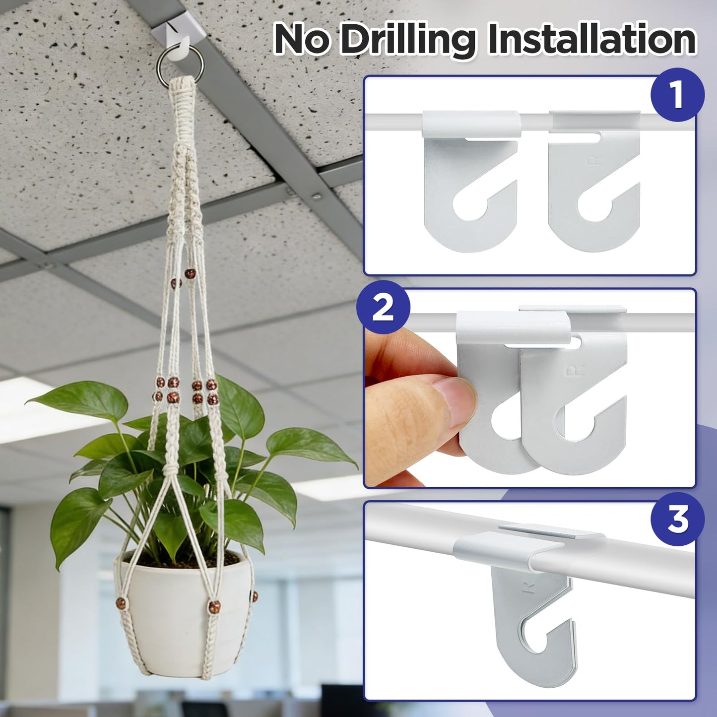CollectHall 2 Pack Macrame Plant Hanger with Drop Ceiling Hooks, Hanging Planter with Wooden Bead, No Tassels for Indoor Outdoor Boho Office Classroom Decor, 35 Inches (Pots Not Included)