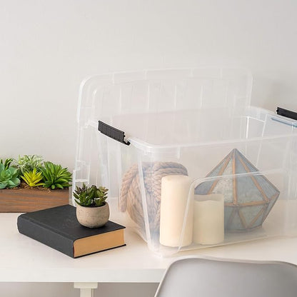 IRIS USA 32 Qt Stackable Plastic Storage Bins with Lids, 4 Pack - BPA-Free, Made in USA - See-Through Organizing Solution, Latches, Durable Nestable Containers, Secure Pull Handle - Clear