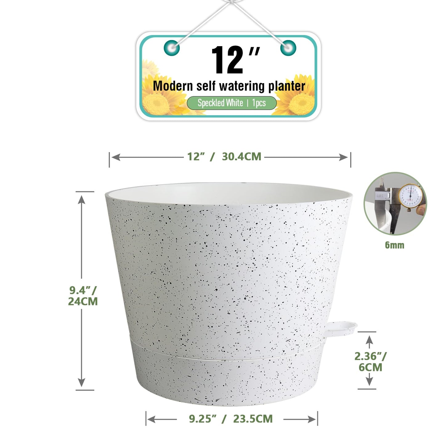 Meowell 12 inch Large Self Watering Pots, Plant Pots with Mesh Drainage Holes for Indoor Outdoor Plants, Plastic Planters with Deep Reservoir for Garden House Flower Plants, Speckled White