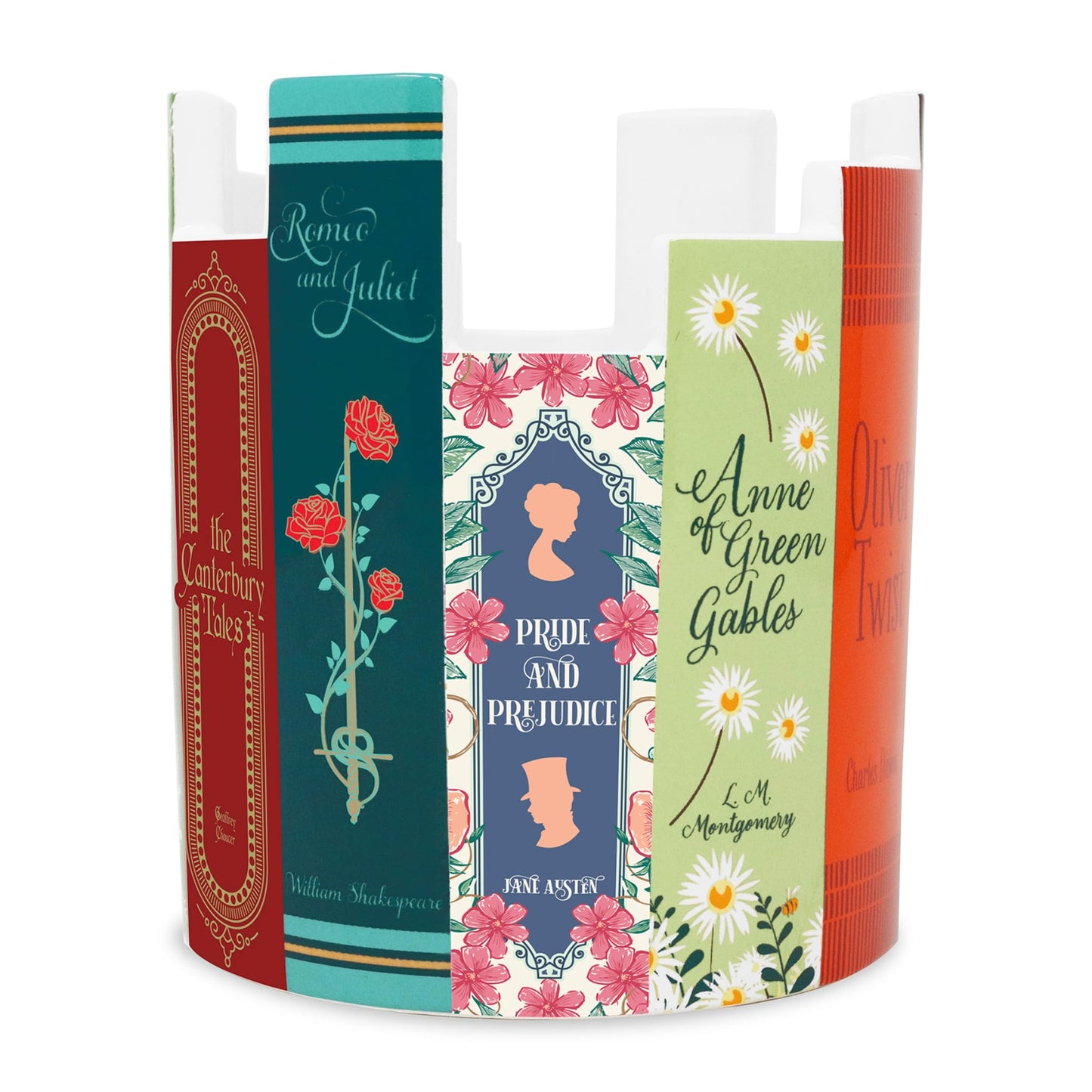 Steel Mill & Co Ceramic Desk Pot for Office/Shelf/Bedroom, Bookish Pen Holder or Small Plant Vase with Classic Literary Book Spine Design, Classic Books