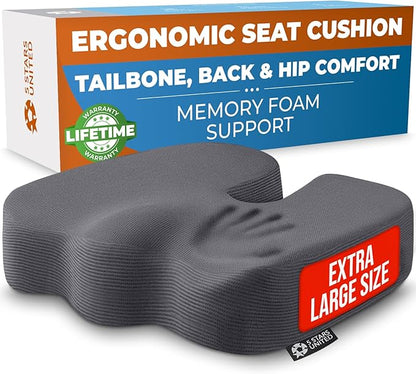 5 STARS UNITED Seat Cushion for Tailbone Pain Relief – Memory Foam Cushion for Coccyx, Hip, Sciatica & Post-Surgery Recovery – Wheelchair, Car, Desk, Gaming & Office Chairs, Dark Gray, X-Large