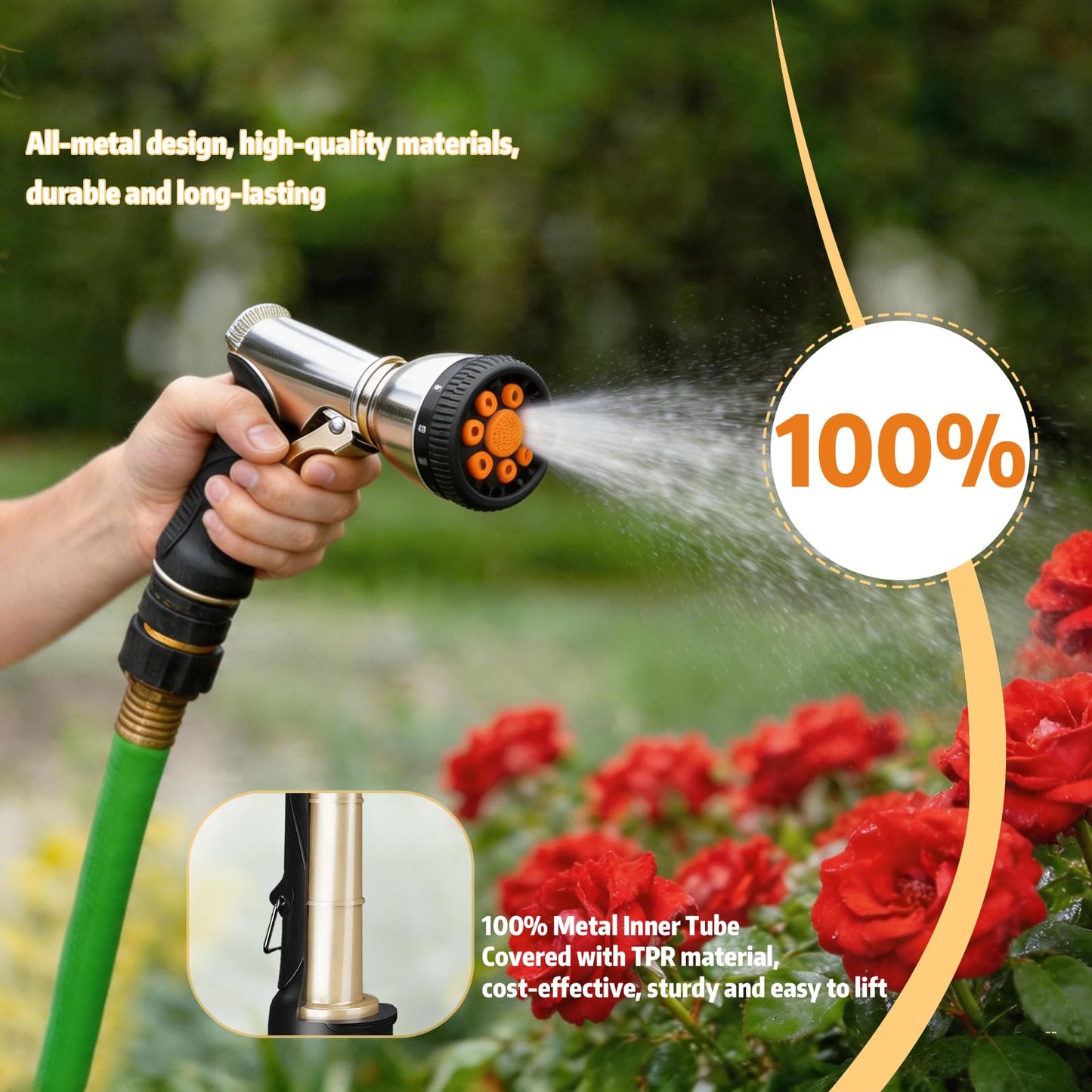 Livoanah Garden Hose Nozzle Heavy Duty, High Pressure Hose Sprayer with 9 Spray Patterns, Metal Water Hose Nozzle Leakproof for Car Washing, Lawn Care, Plant Watering, Patio Cleaning & Pets (orange)
