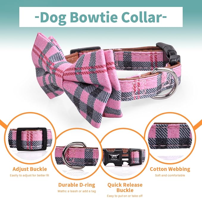 IVY&LANE Dog Collar with Bowtie and Leash Set | Plaid Adjustable Dog Collar | Detachable Bow Tie |5 FT Dog Leash | for Small Medium Large Dogs | Checkered Pink | Small