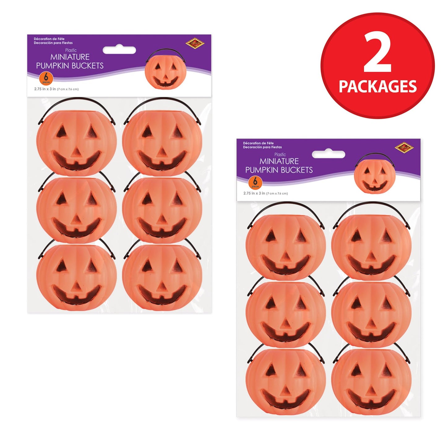 Beistle Mini Plastic Pumpkin Buckets – 12 Pack, Small Orange Jack-O’-Lantern Pails with Handles, Halloween Candy Containers & Tabletop Décor, Trick-or-Treat Accessories for Haunted House, 3" x 2¾"