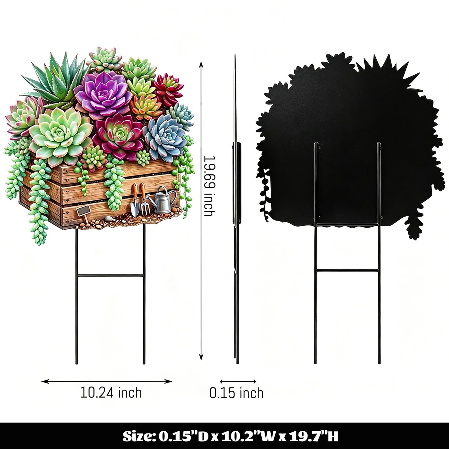 Tooyuart Spring Outdoor Yard Decor, 20" Flat Metal Succulent Crate Garden Stake, Weatherproof Rustproof Yard Sign with H-Shaped Base, Durable Gardening Gift