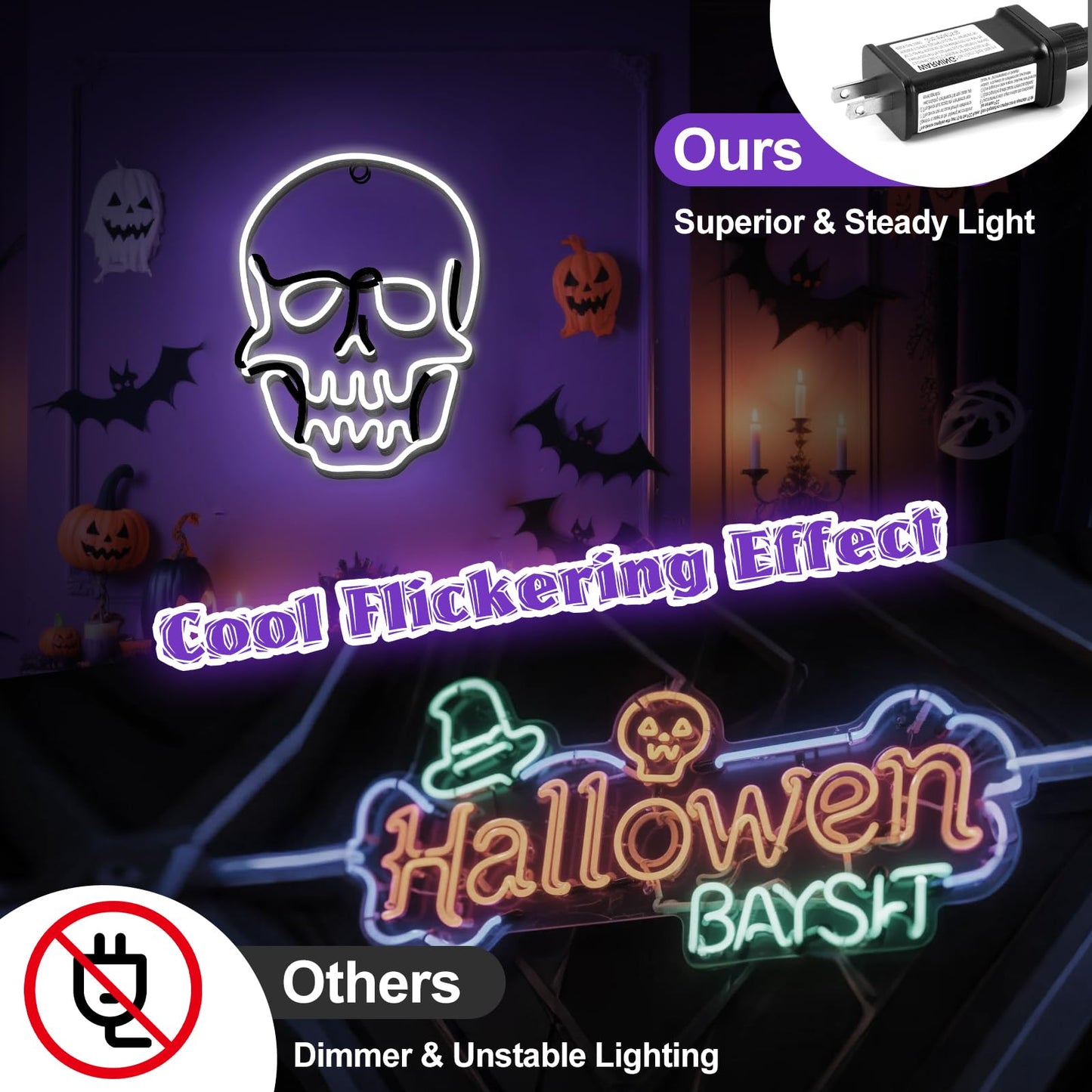 Flickering 13.5" Skull Neon Sign, 396 LED Pre-lit Skull Lights Plug in Hanging Scary Spooky Outdoor Halloween Decor for Yard, Porch, Garage, Party - Cool White　(No Constant Light)