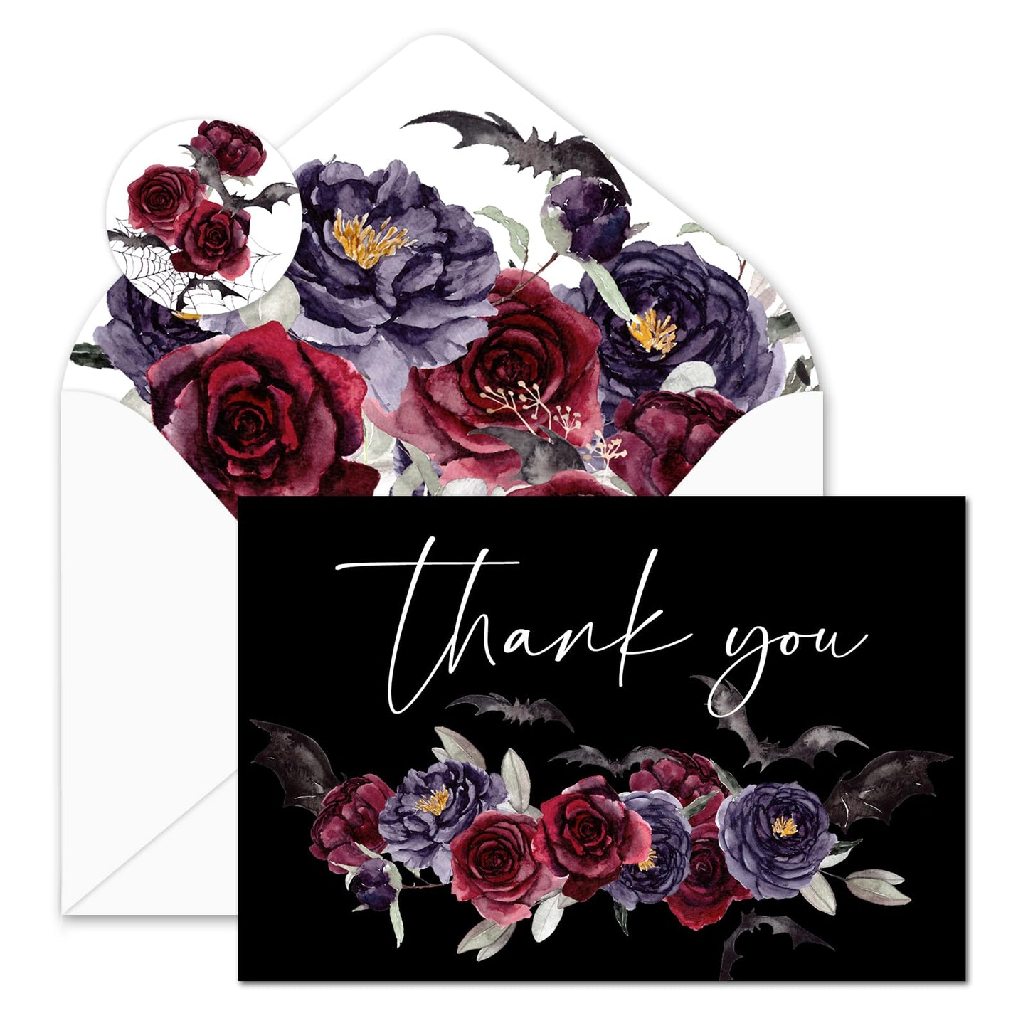 25 Pack Floral Thank You Cards Halloween Flower Bat Greeting Cards Spooky Blank Note Card for Holiday Baby Shower Party Invitation Supplies, 4 x 6 Inch