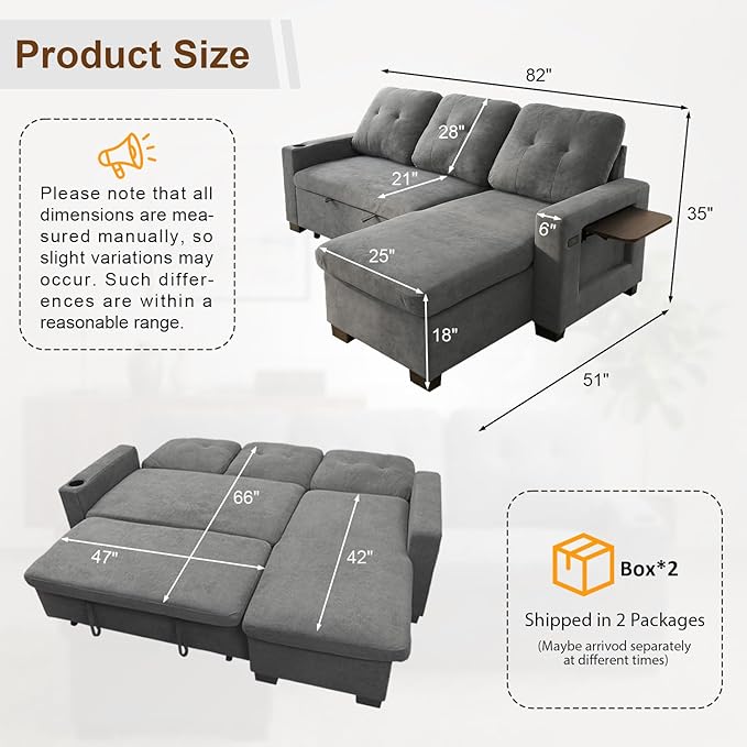 82" L Shaped Sleeper Sofa Bed, Pull Out Sectional Couch