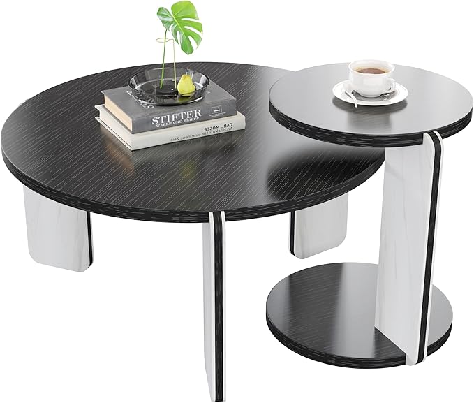 GDFStudio Round Nesting Coffee Table Set of 2, Modern Wooden Accent Side Table