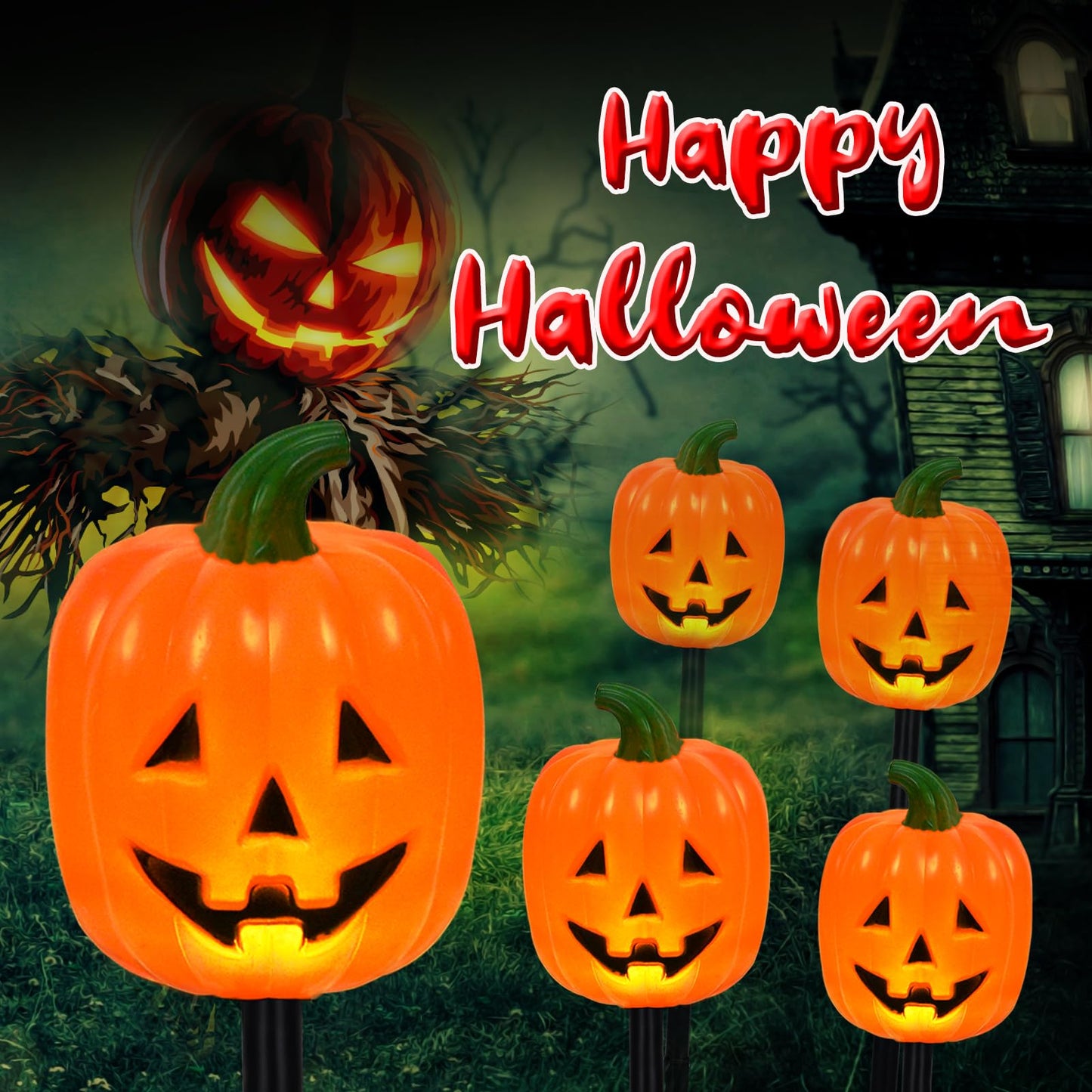 BRIGHTDECK Halloween Pumpkin Stake Lights, Set of 10 Decorative Solar Pumpkin Lights, Waterproof Halloween Decorations for Outdoor Garden and Yard