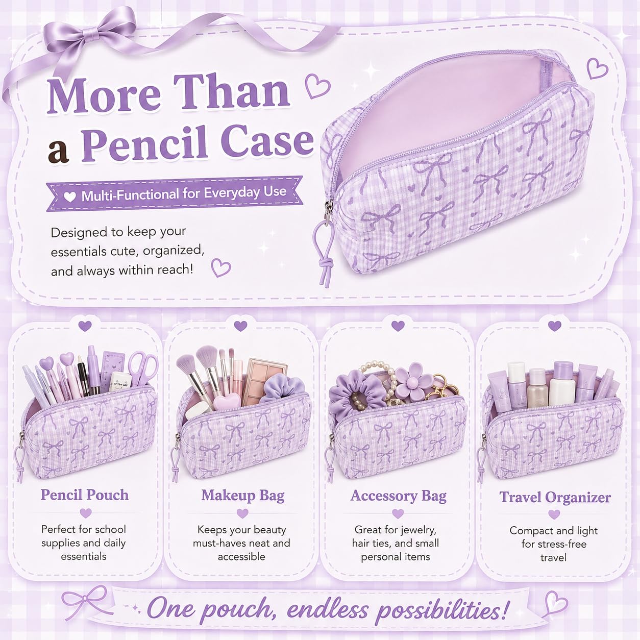 LEDAOU Cute Pencil Case for Kids Girls Boys Pencil Pouch kawaii Pen Pencil Box Bag Holder for School Students (Corduroy -Bow Purple)