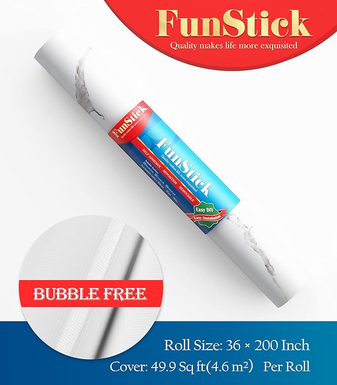 FunStick 36" x 200" White Marble Countertop Contact Paper Waterproof Marble