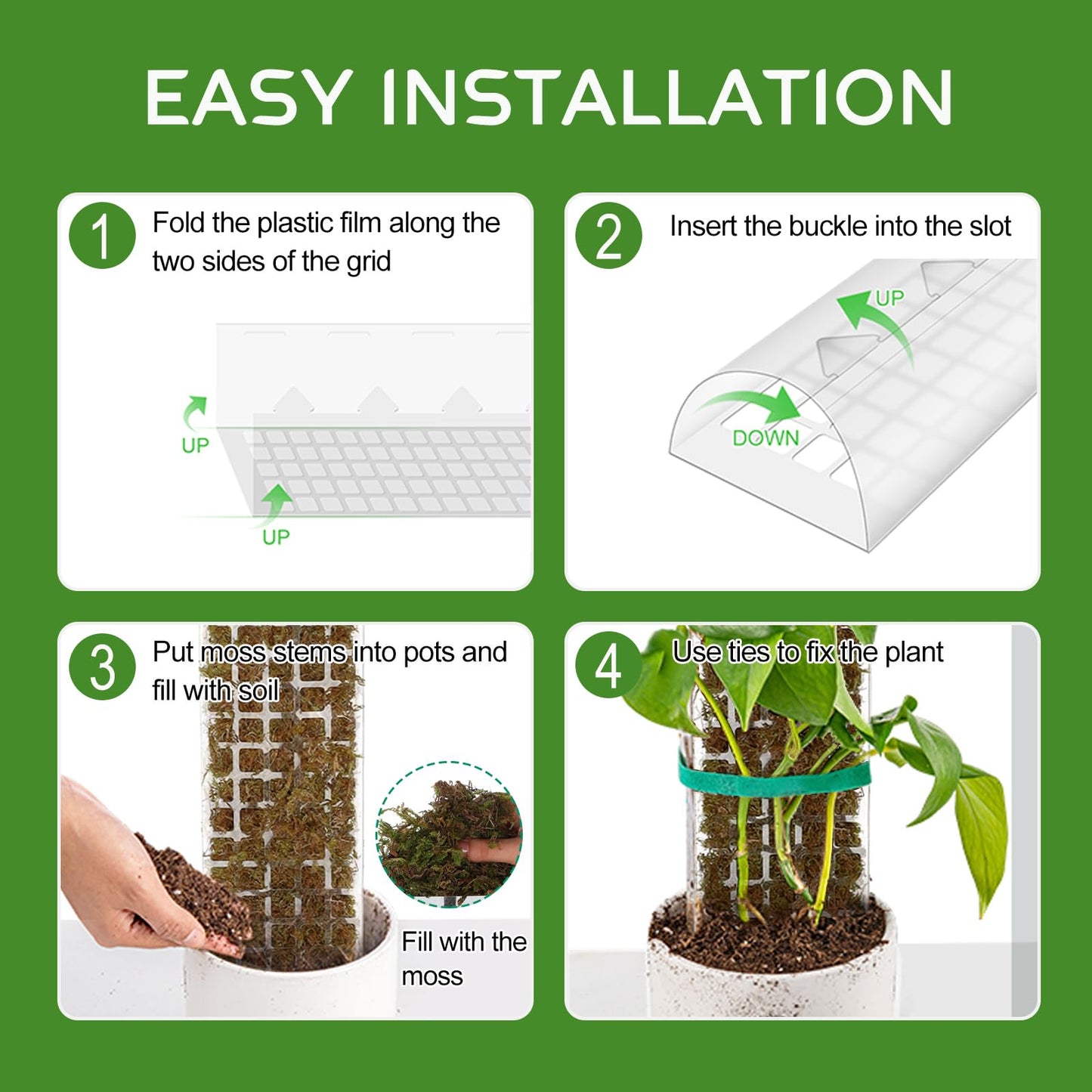 4 Pack 24 Inch D-Shaped Clear Plastic Moss Pole for Plants Monstera, Stackable Climbing Plant Support for Monstera, Pothos, Philodendron, Open Design for Sphagnum Moss