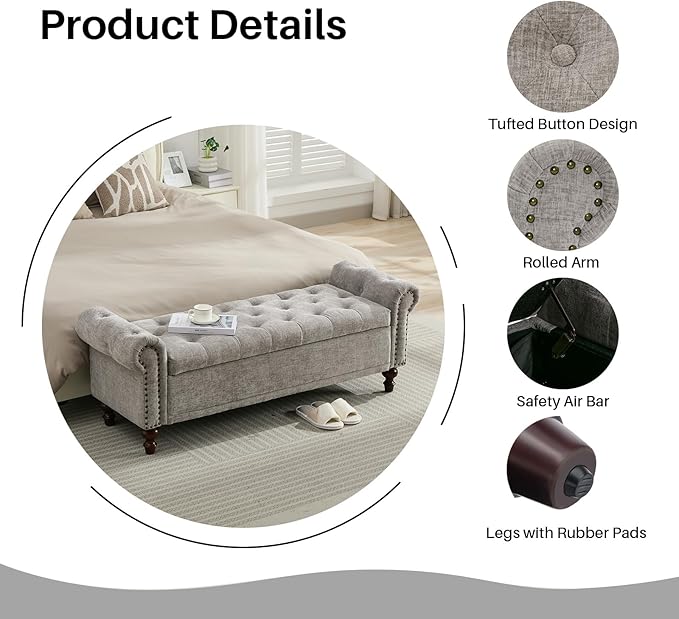 SOFTHION 58.1" Storage Bench Upholstered Chenille End of Bedroom Bed Bench