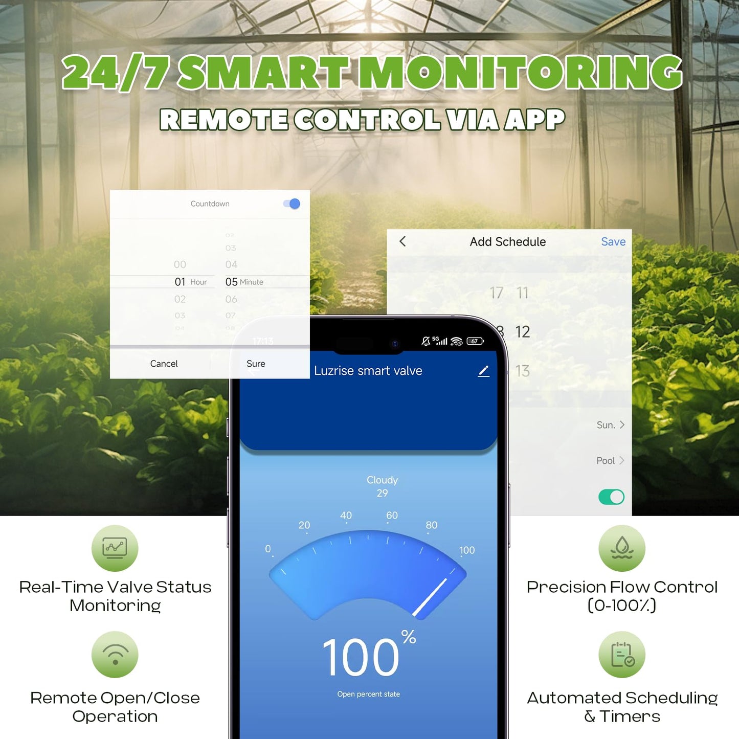 Luzrise Smart Motorized Ball Valve with Remote Control- Automatic Water Shut-Off, 0-100% Adjustable Flow, Programmable Timer, Real-Time Monitoring (Stainless Steel, DN15 (1/2''))