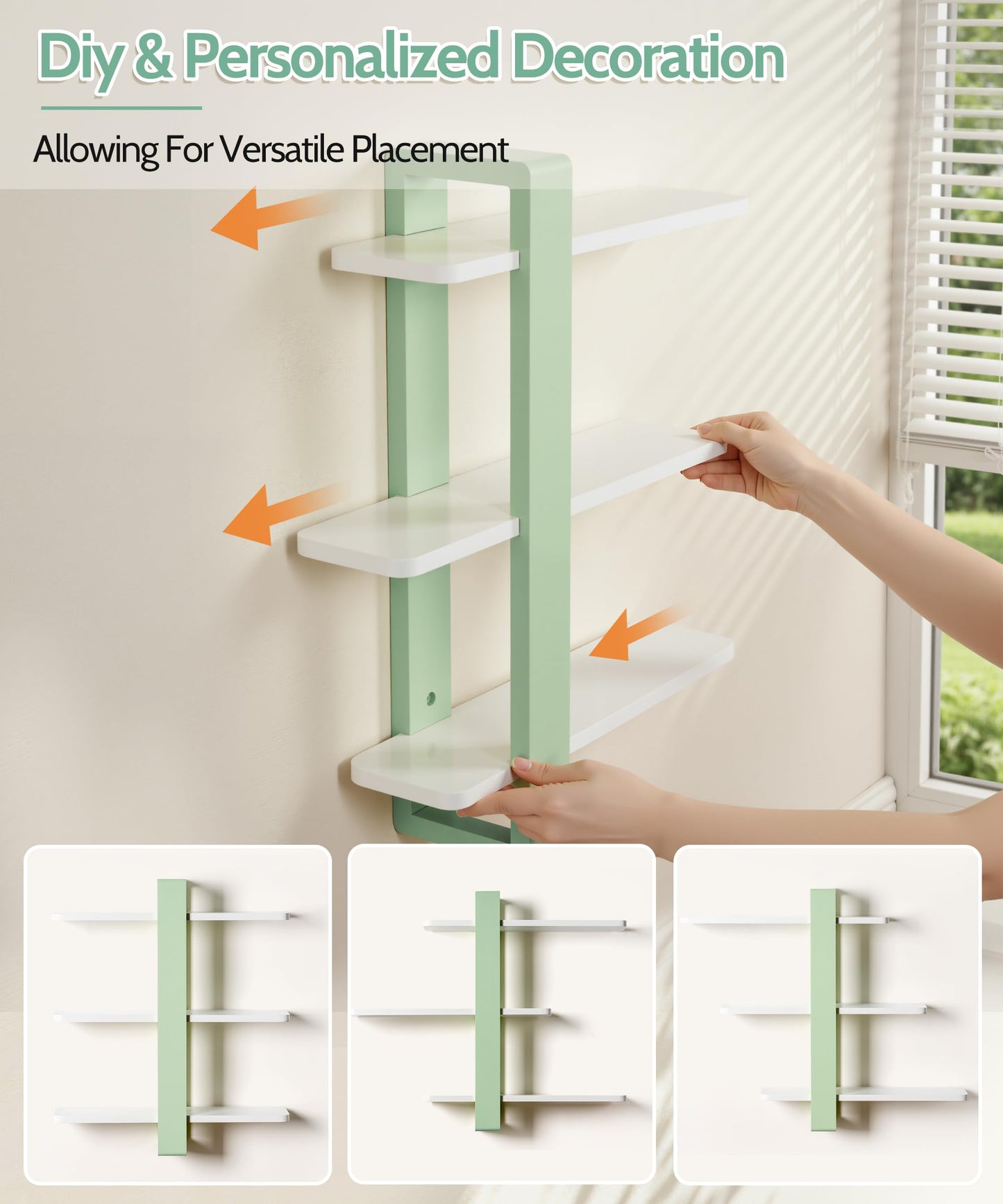 SUMGAR Green Floating Shelves for Wall Mounted Shelving Unit All Pine Wood 3 Tier Large Shelf for Bedroom Living Room Office Bathroom Home Decoration Storage Plant Photo Display Modern 20in Mint Green