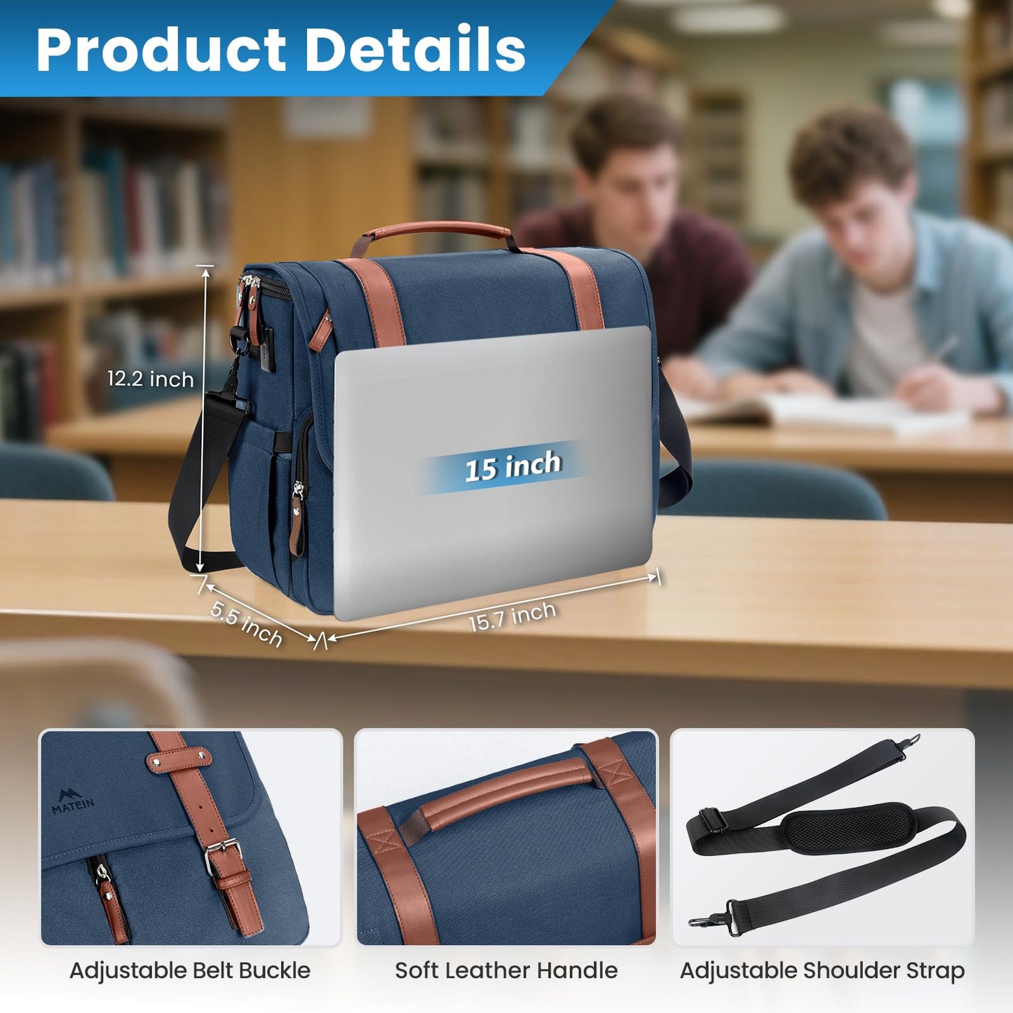 MATEIN Laptop Briefcase for Work, 15.6 Inch Mens Messenger Bag with External USB Charging Port, Water Resistant Computer Crossbody Shoulder Satchel for Office Business Travel, Navy Blue