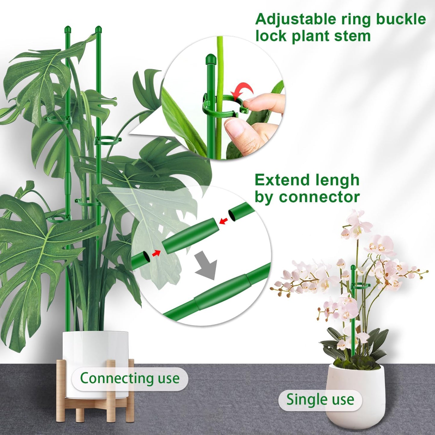 30Pcs Plant Support Stakes 17 inch SupKing Garden Orchid Sticks Extended to 3ft 4ft 5ft Plant Poles with Clips for Indoor Outdoor Potted Tomato Rose Amaryllis Vegetables Comes with 20 Ties（Green）