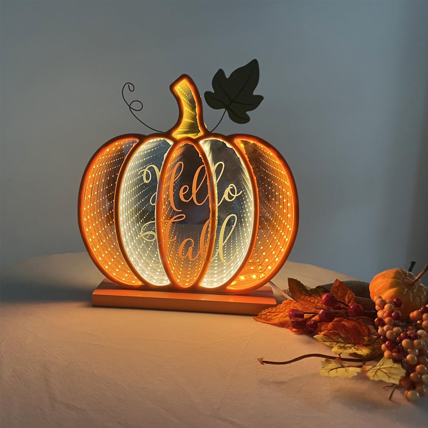 Infinity Fall Pumpkin Décor, Light Up Harvest Pumpkin Lights with USB Powered,8.58 Inch H Standing Fall Pumpkin for Table,Shelf or Room Decoration