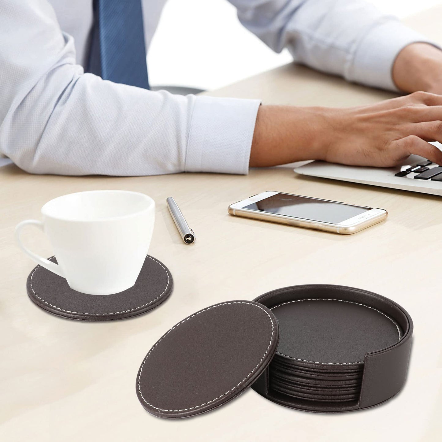 AUMISKY Leather Coasters for Drinks(6 Pack), Handmade Durable Drink Coasters Set with Holder for Tabletop Protection, Luxurious Home Décor and Housewarming Gift (Brown)