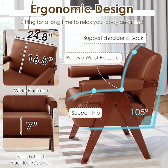 STHOUYN Brown Leather Accent Chairs Set of 2, Mid Century Modern Chair Set of 2