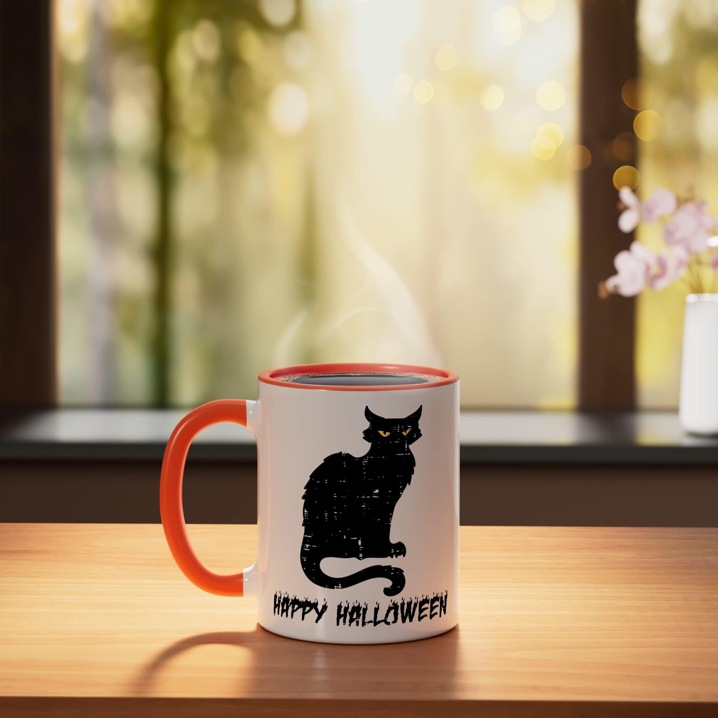 Happy Halloween Black Cat Costume Women Girls Kids Teen Men Ceramic Mug, Orange/White