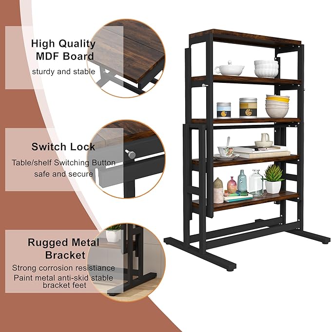Convertible Dining Table, 2 in 1 Bookshelf to Kitchen Table, Space Saving